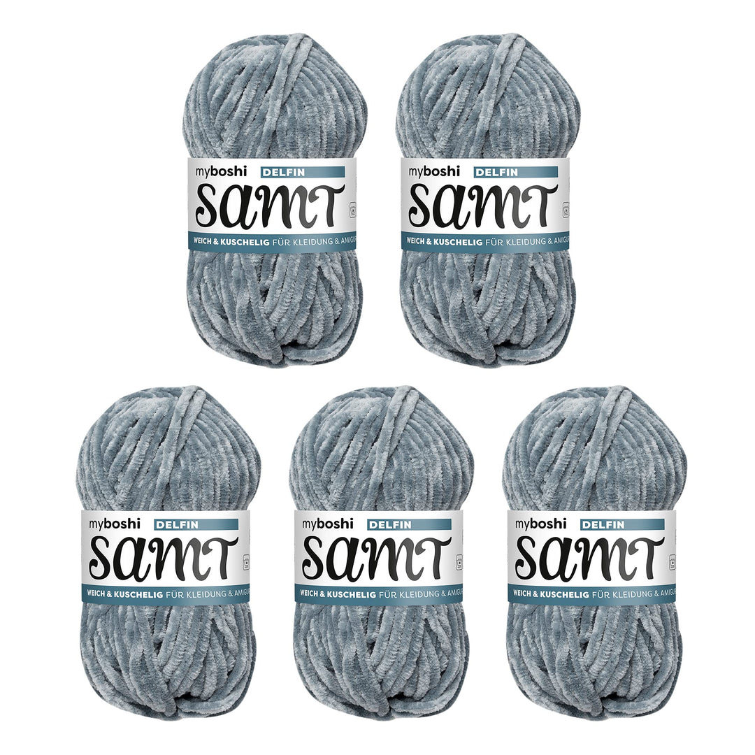 myboshi Häkel- und Strickgarn | Velours | Chenillegarn | Plüschwolle | 5 Knäuel Garn | 894 Delfin -