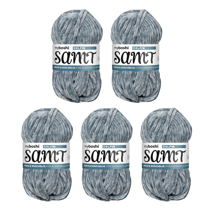 myboshi Häkel- und Strickgarn | Velours | Chenillegarn | Plüschwolle | 5 Knäuel Garn | 894 Delfin -