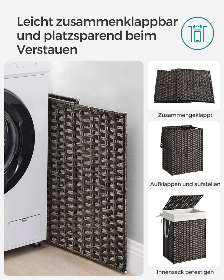 SONGMICS Wäschekorb handgeflochten, 90 L, Wäschesammler aus synthetischem Rattan, mit Deckel und Gri