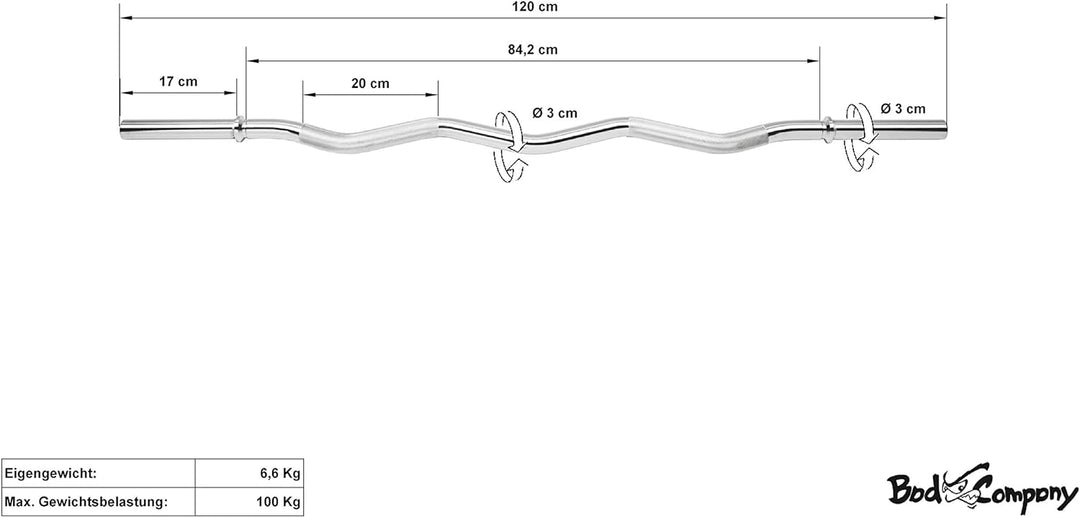 Bad Company SZ-Hantelstange 120 cm mit Gewinde oder glatten Auflageflächen inkl. Sternverschlüssen/F