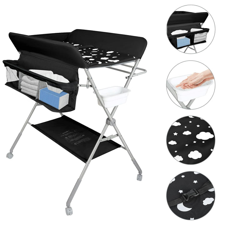 OHMG Baby Wickelkombi Klappbare Wickelkommode,Wickeltisch mit Rollen,Mobiler Wickeltisch mit Wickela