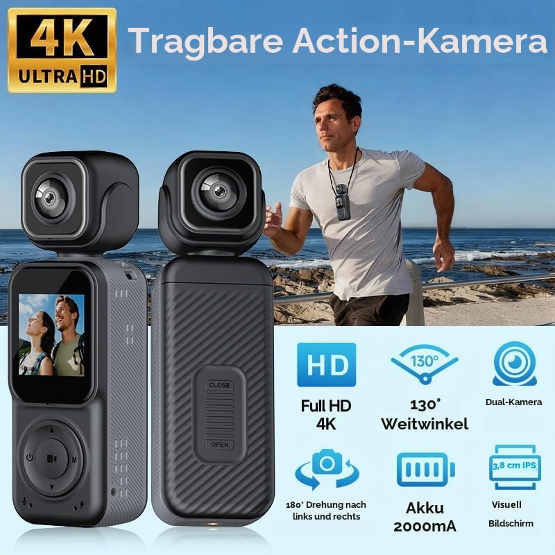 4K Vlog Kamera mit WLAN, Dual Kamera und 180° Schwenkobjektiv, Mini Pocket Camera mit 1,5 Zoll IPS D