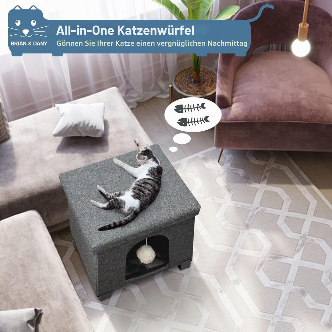 BRIAN &amp; DANY Faltbare Katzenhöhle Grosse Katzen, Katzenhaus mit Kratzbrett und Spielball, Katzen Höh