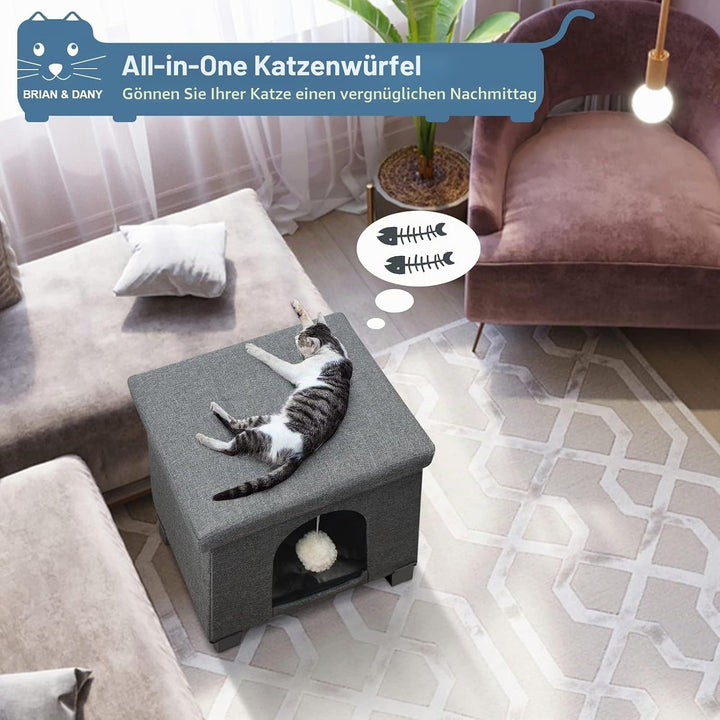 BRIAN &amp; DANY Faltbare Katzenhöhle Grosse Katzen, Katzenhaus mit Kratzbrett und Spielball, Katzen Höh