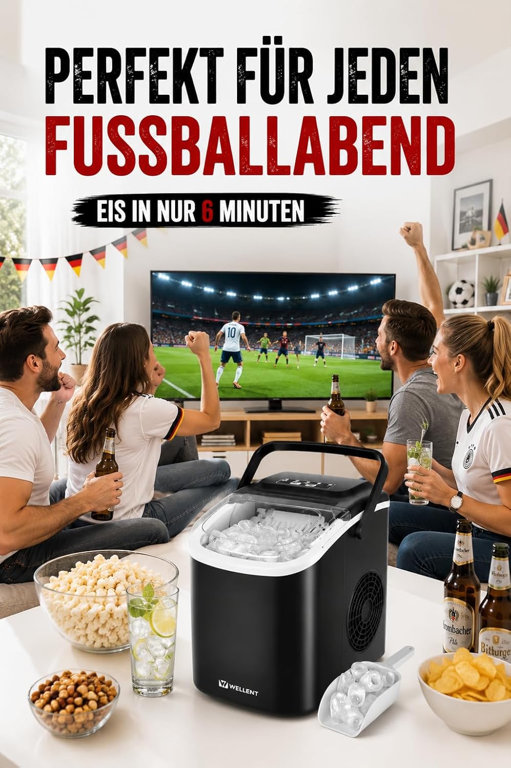 Eiswürfelmaschine Klein – Ice Maker, 8 Eiswürfel in 6 Minuten, 12 kg/24 Stunden, 2 Eiswürfelgrössen,
