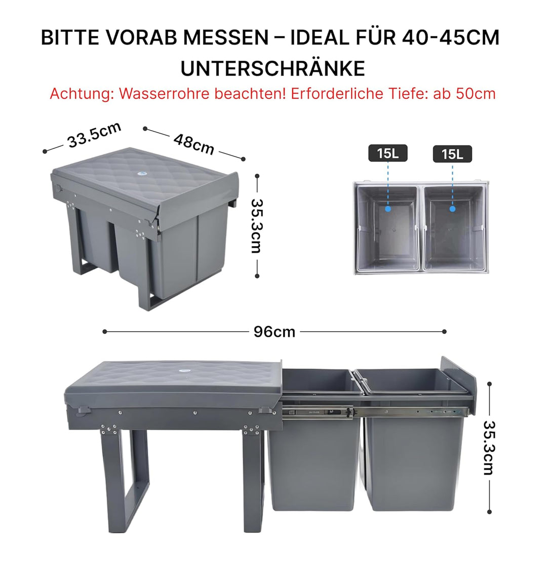 Einbaumülleimer Küche 2 Fächer (2x15L) – Mülltrennsystem,5-Punkt-Verstärkung,ausziehbarer Unterschra