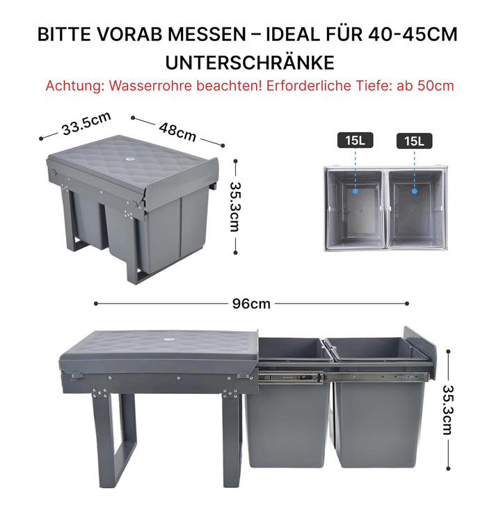 Einbaumülleimer Küche 2 Fächer (2x15L) – Mülltrennsystem,5-Punkt-Verstärkung,ausziehbarer Unterschra