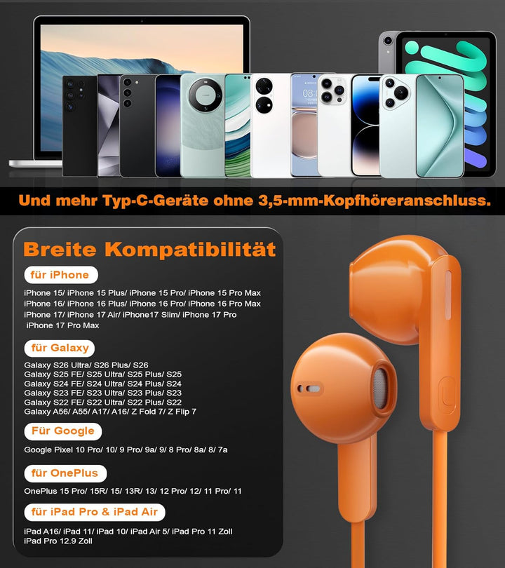 USB C Kopfhörer für Samsung Galaxy S26 S25 Ultra A56 iPhone 17 Kopfhörer mit Kabel USBC Kopfhörer Hi