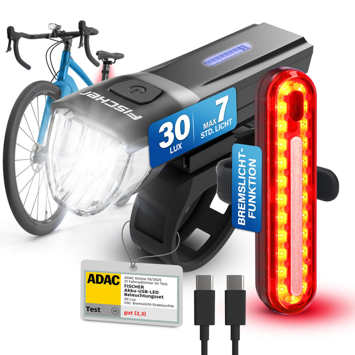 FISCHER Fahrrad-Beleuchtungsset Stop 30/15 Lux mit Bremslicht, Front- und Rückleuchte, mit Akku und