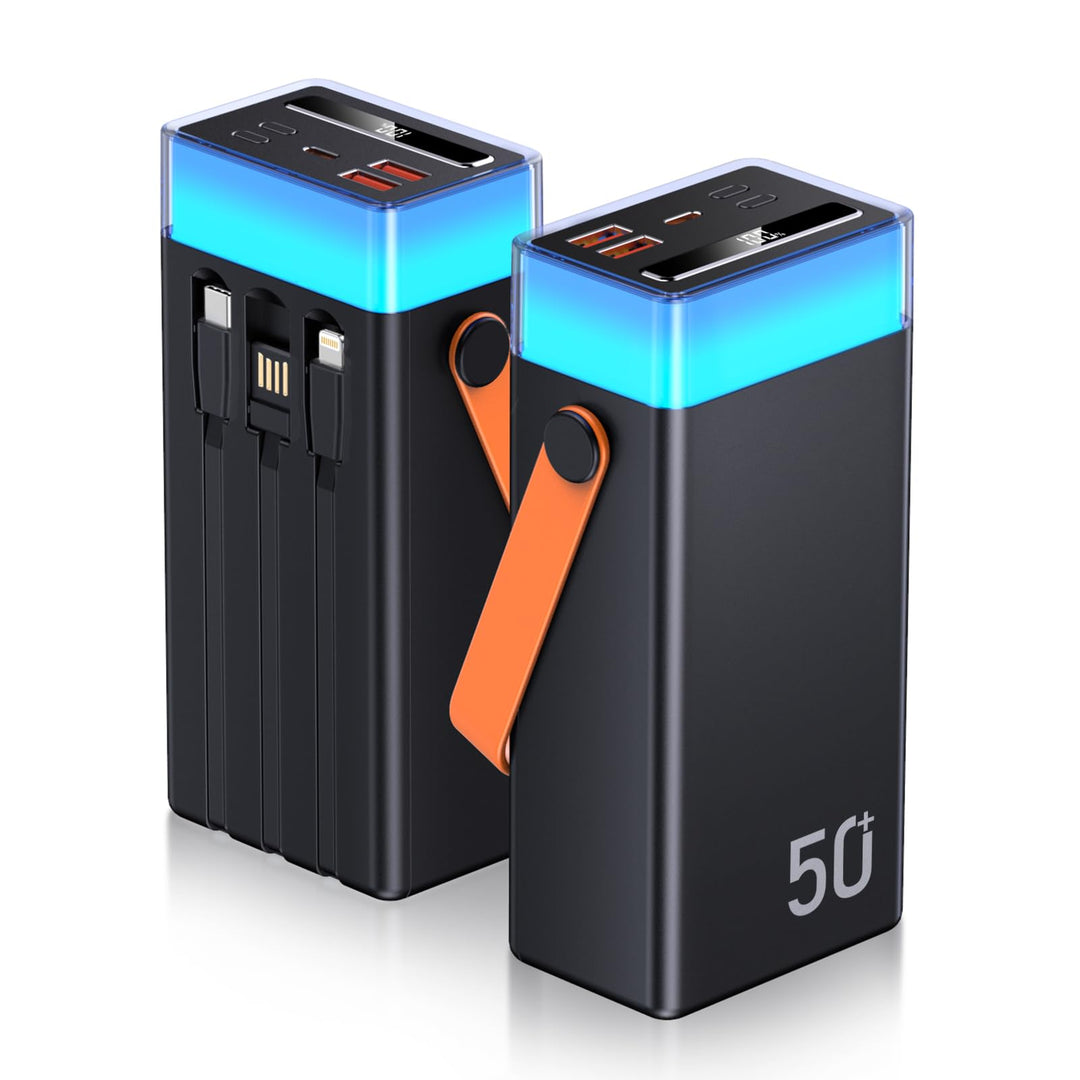 Powerbank 50000mAh mit Kabel, 22,5W PD USB-C Schnellladegerät, Externer Akku mit 3 integrierten Kabe