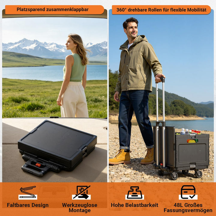 𝗝𝗮𝘅𝗴𝘂𝗼𝗺 Einkaufswagen faltbar 48L, Transportbox mit Rollen, Schwarz | Faltbare 48L Transportbox mit