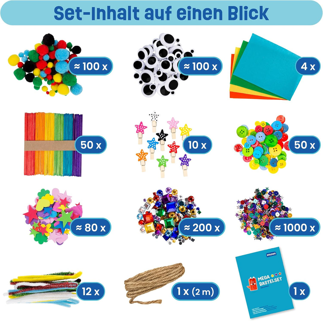Smowo® Mega Bastelset Starterset - Bastelbox Mix - mit kreativen Bastelideen - Bunte Bastelbedarf Bo