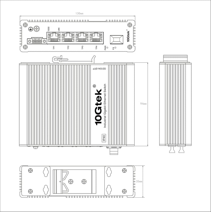 10Gtek 5-Port Industrial DIN-Rail Ethernet Switch Hutschiene, IP40, 1x Gigabit SFP Slot mit 20-km SF
