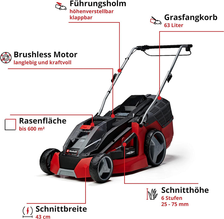 Einhell Akku-Rasenmäher GE-CM 43 Li M Kit Power X-Change (36V, 43 cm Schnittbreite, bis 600 m², Brus