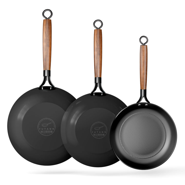 YUTANN Gusseisenpfannen Set 3-teilig, Bratpfannen aus Massivem Gusseisen, Pfannen Ø 20, 24 und 28 cm