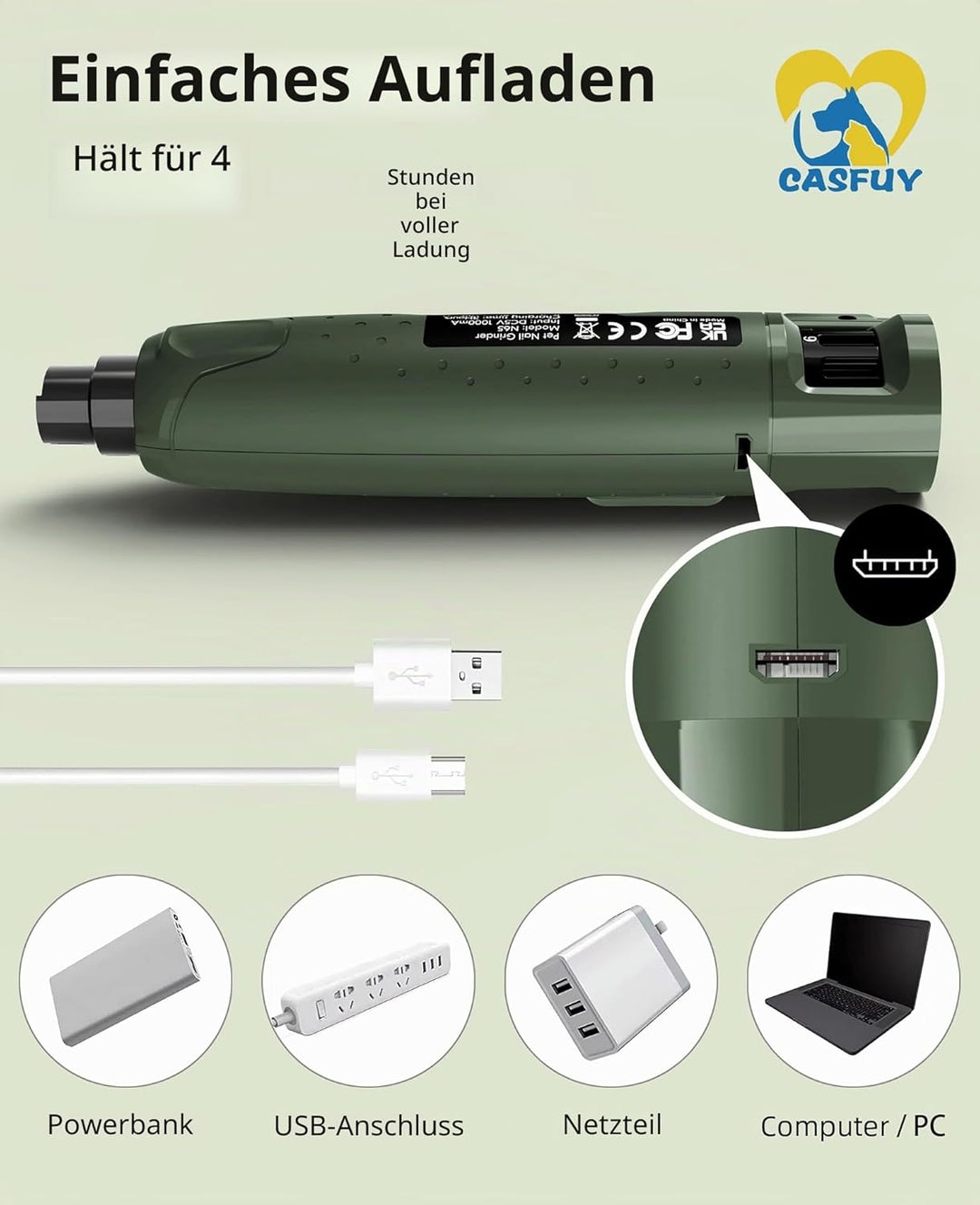 Casfuy Krallenschleifer für Hunde - (45 dB) 6-Gang-Haustier-Krallenschleifer mit 2 LED-Lichtern für