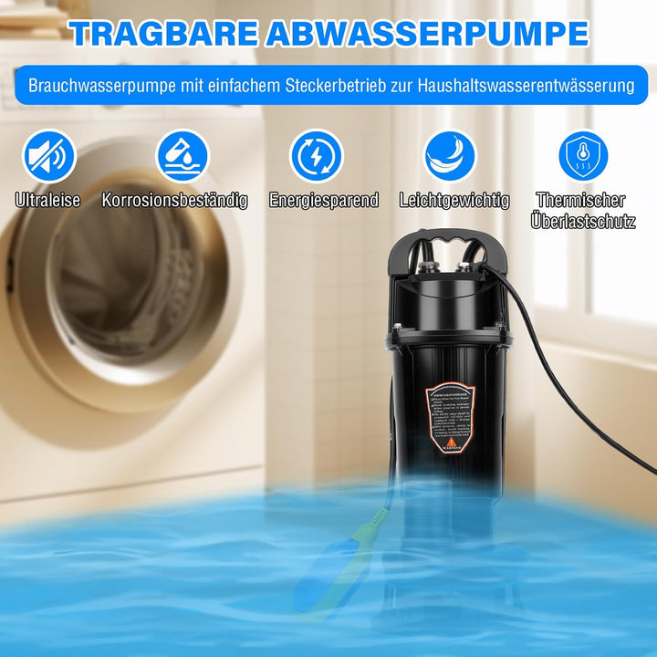 Schmutzwasserpumpe mit integriertem Schwimmerschalter, Abwassertauchpumpe Tauchpumpe 1100W, 10000 L/