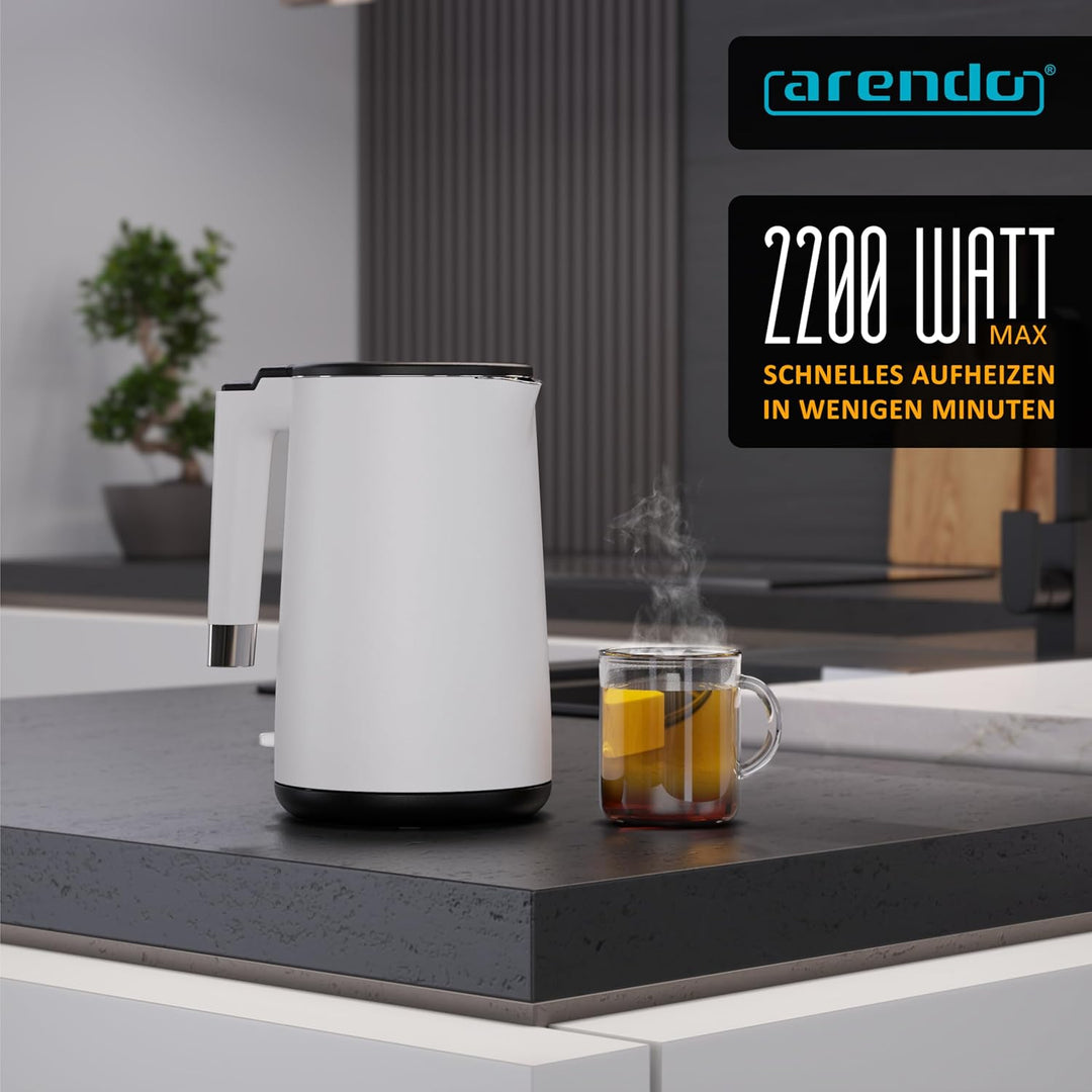 Arendo - Wasserkocher Edelstahl – 1,5 Liter - 2200 Watt – Doppelwand-Design – 360° Controller – BPA-
