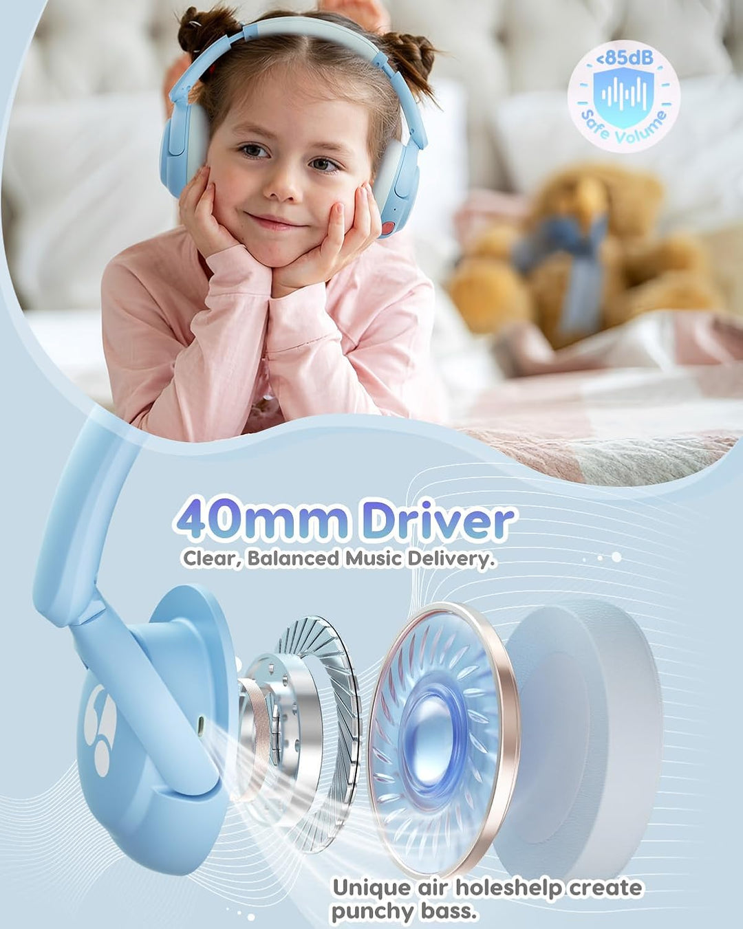 Bluetooth Kopfhörer Kinder, 85dBA Sicheres Volumen, Bluetooth 5.4, BPA Frei/CPC Zertifiziert, 75 Std