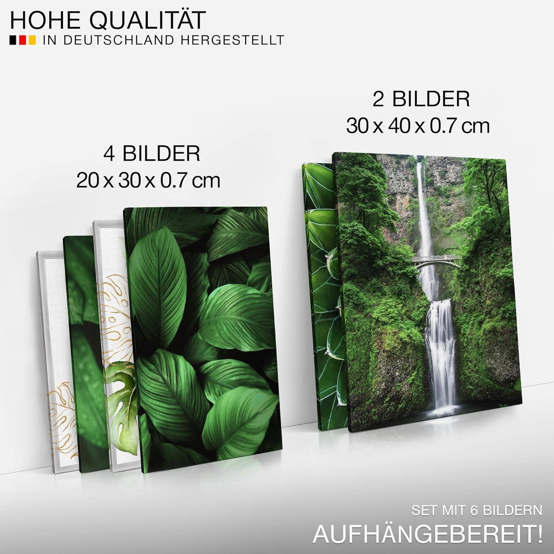 Novart Bilder Set - AUFHÄNGFERTIG - KEIN EXTRA RAHMEN BENÖTIGT - Grüne Blätter Wasserfall Modern Pfl