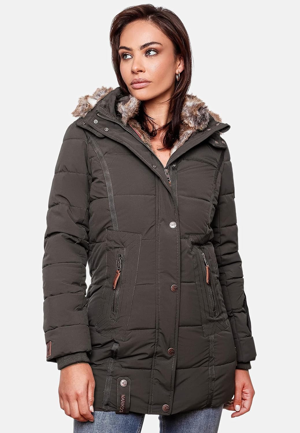 MARIKOO Damen Warmer Winter Steppmantel mit Kapuze Lieblings Jacke XS-XXL L Anthracite, L Anthracite