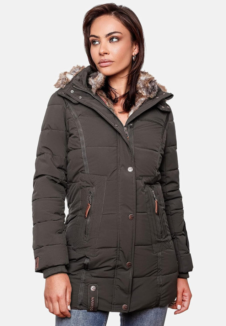 MARIKOO Damen Warmer Winter Steppmantel mit Kapuze Lieblings Jacke XS-XXL L Anthracite, L Anthracite