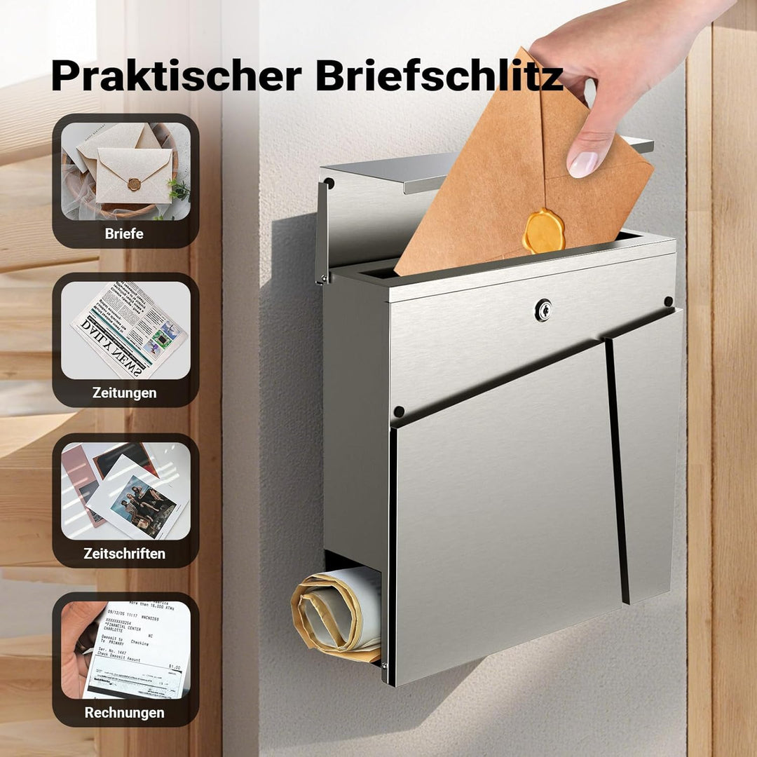 Wiltec Designer Briefkasten V23 Edelstahl 370 x 102 x 370 mm, Wandbriefkasten mit Schloss und Zeitun