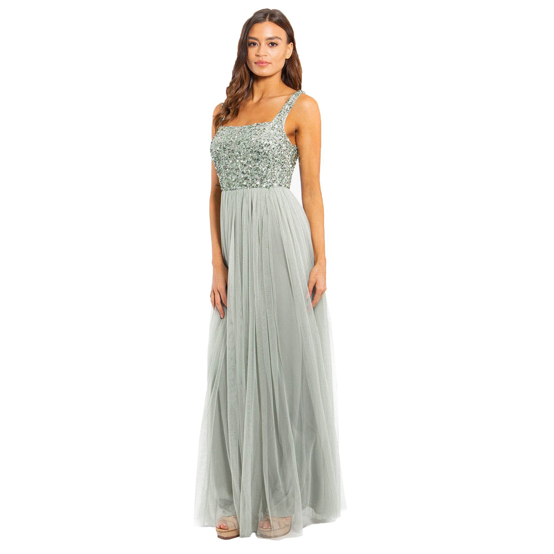 Maya Deluxe Damen Abendkleid Maxi für Hochzeit Breiten Trägern Paillettenverziertung Abschlussball B