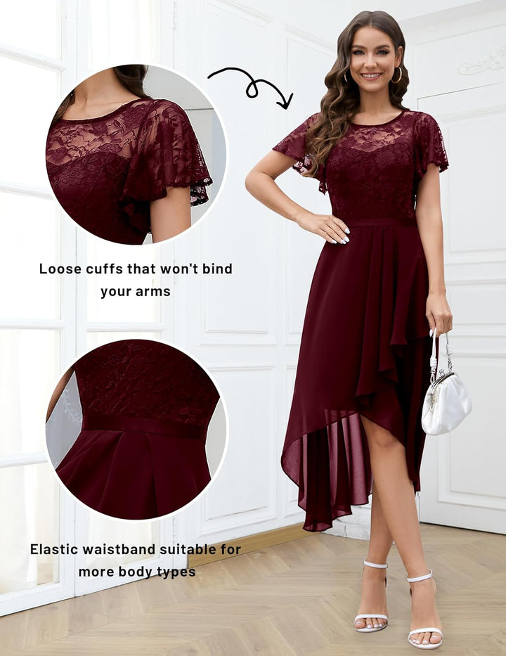 Wedtrend Abendkleid Damen Elegant für Hochzeit High Low Cocktailkleid Chiffonkleid mit Spitzen A Lin