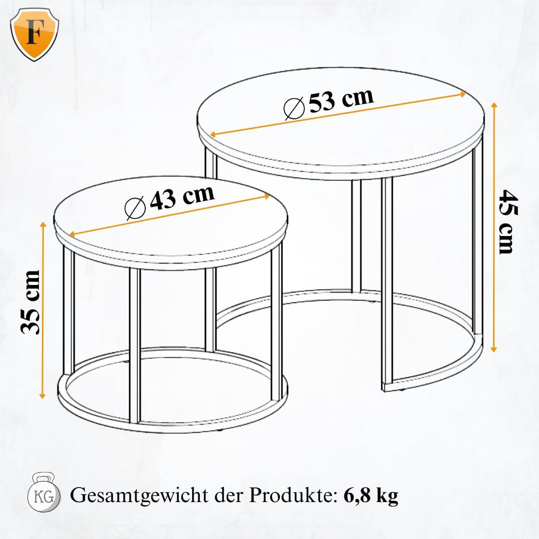 FORTENA 2er Set Couchtische, Schwarze oder goldene Metallbeine, Industrial-Stil, Raund (Marmor – Wei