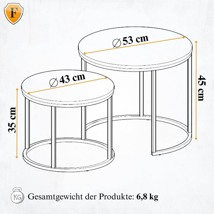 FORTENA 2er Set Couchtische, Schwarze oder goldene Metallbeine, Industrial-Stil, Raund (Marmor – Wei