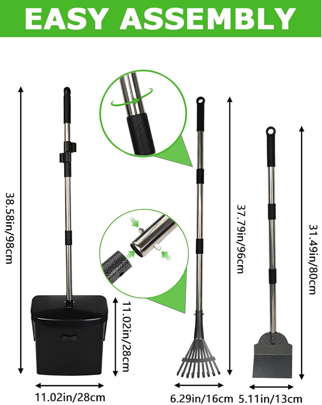 3-in-1 Edelstahl Hundekotschaufel Set für Garten &amp; Hof | Langer Griff, Rückenschonend. Geruchsreduzi