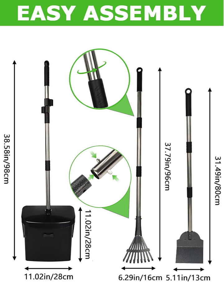3-in-1 Edelstahl Hundekotschaufel Set für Garten &amp; Hof | Langer Griff, Rückenschonend. Geruchsreduzi