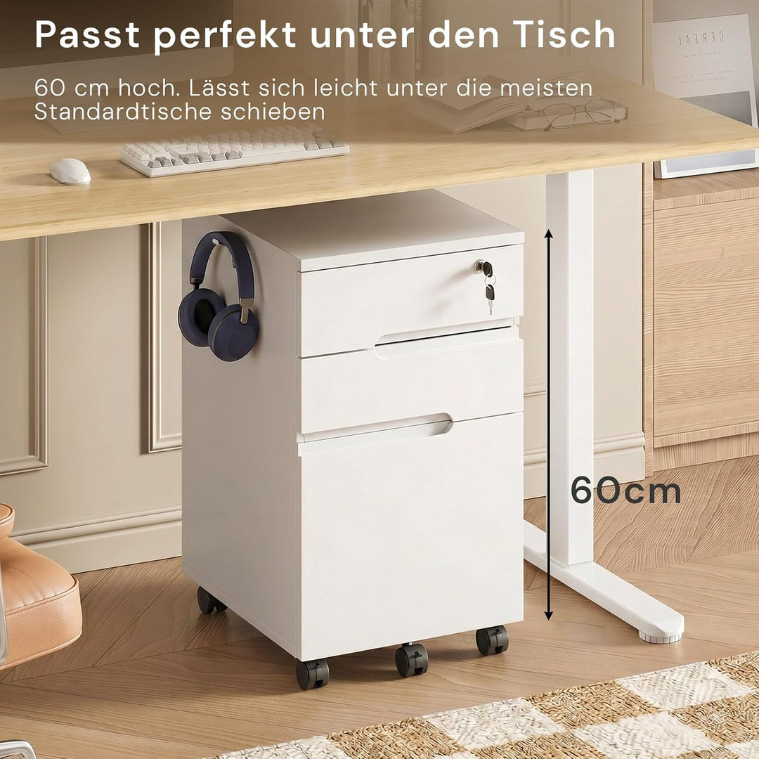 CLIPOP Rollcontainer abschliessbar, 3 Schubladen, 5 Rollen，30*45*60cm Holz | Für A4/Letter, Hängereg