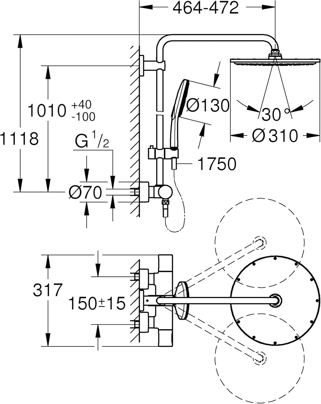 GROHE Rainshower Smartactive 310 -Duschsystem mit Thermostat für die Wandmontage (Sicherheitsperre b