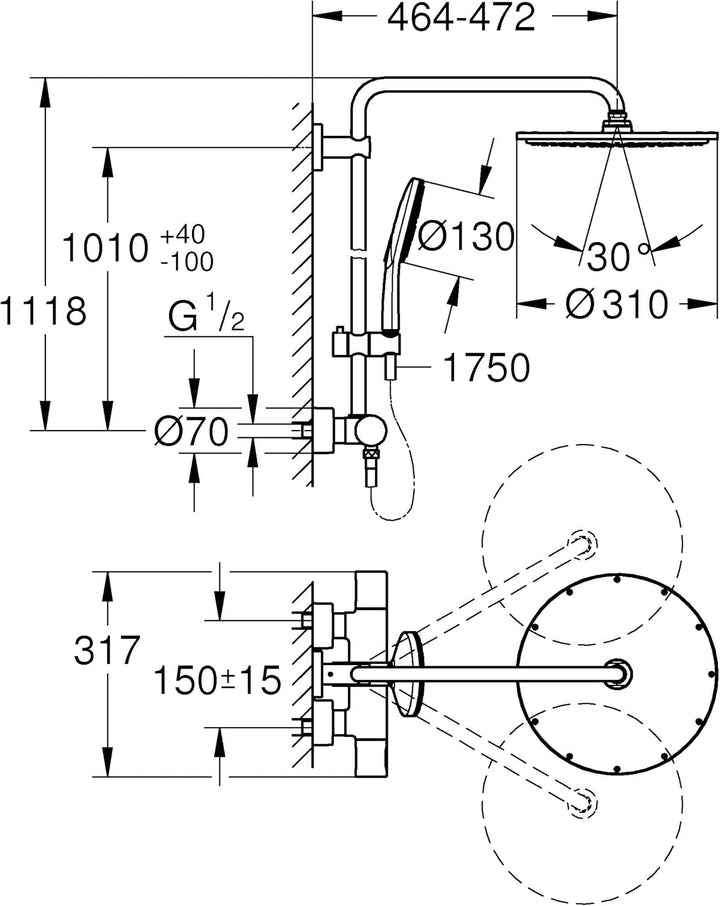 GROHE Rainshower Smartactive 310 -Duschsystem mit Thermostat für die Wandmontage (Sicherheitsperre b
