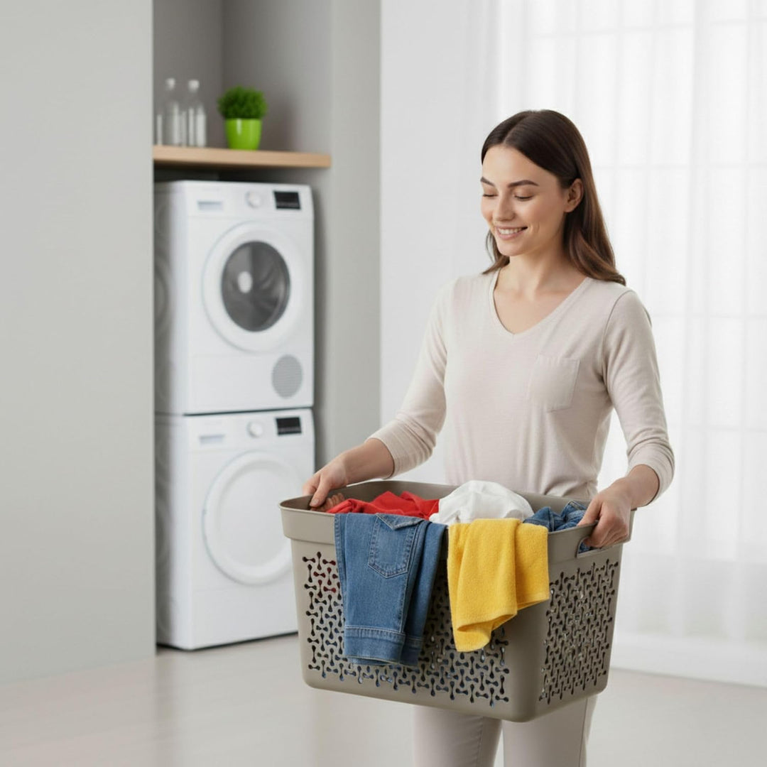 Plastard Wäschekorb 3er Set 30 Liter Beige aus Kunststoff mit Griffen | Stapelbar, robust &amp; leicht z