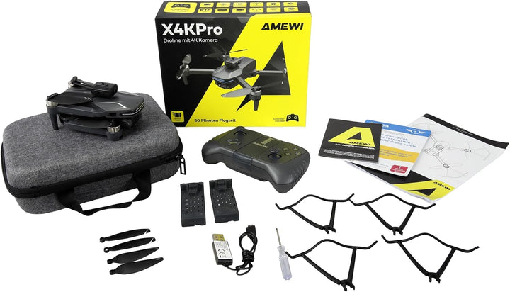 AMXFlight X4KPro Brushless-Drohne, 30 Minuten Flugzeit, mit Kamera inkl. 2 Akkus, Grau