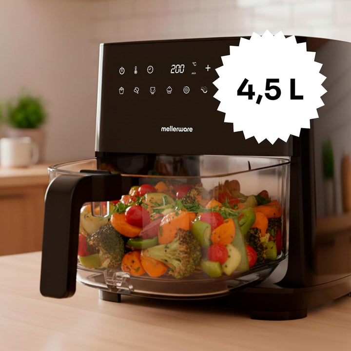 MELLERWARE – Heissluftfritteuse 1450W | Glasbehälter 4,5L | 9 Programme + Vorheizen | Touchscreen |