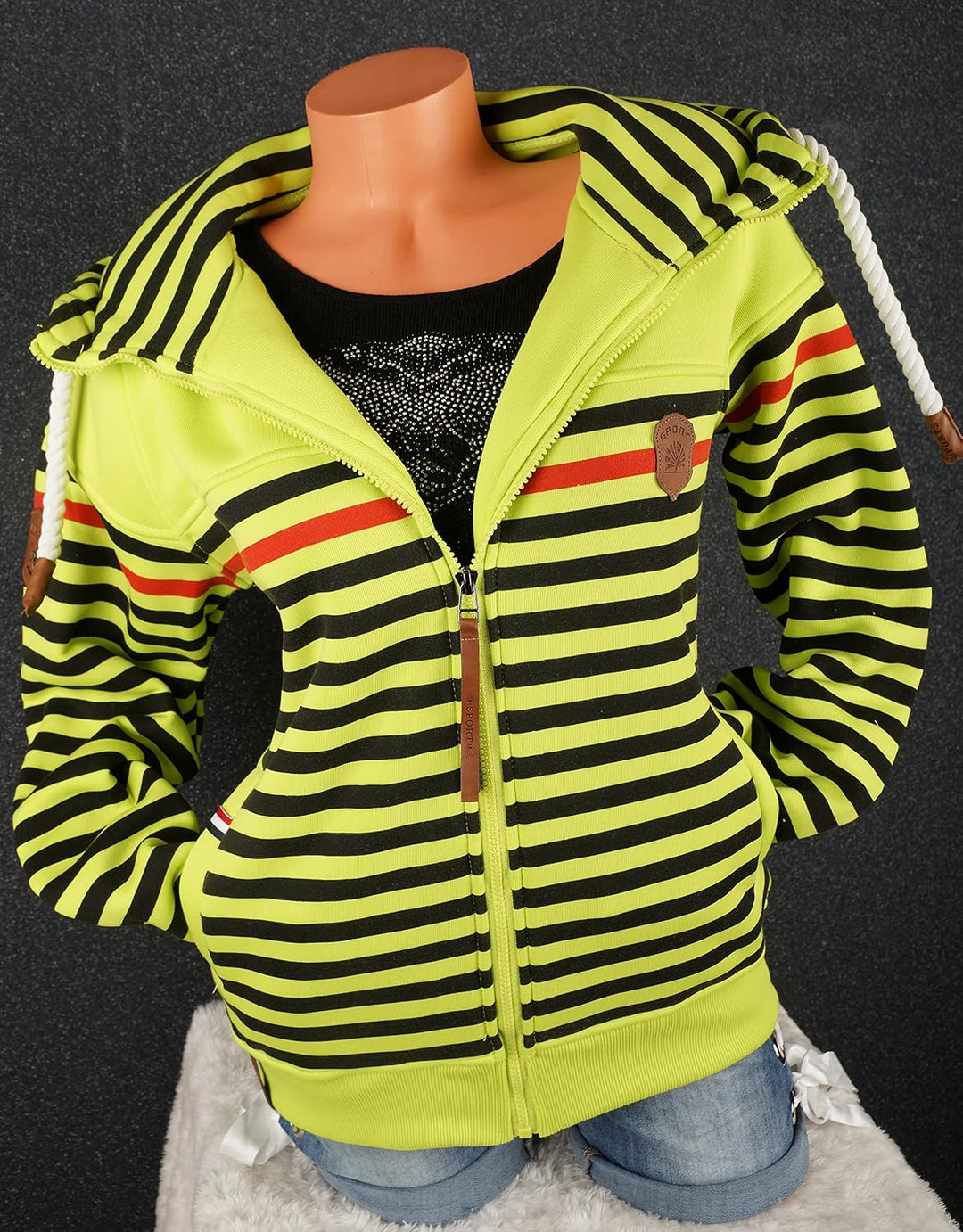 Damen Sweat Jacke Kapuze Fleece gefüttert Übergangsjacke Hoodie gestreiftes oder dünn-gestreiftes me
