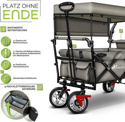 TRESKO® Bollerwagen faltbar mit Dach | Handwagen mit 2x3-Punkt Gurtsystem | Gartenwagen klappbar bis