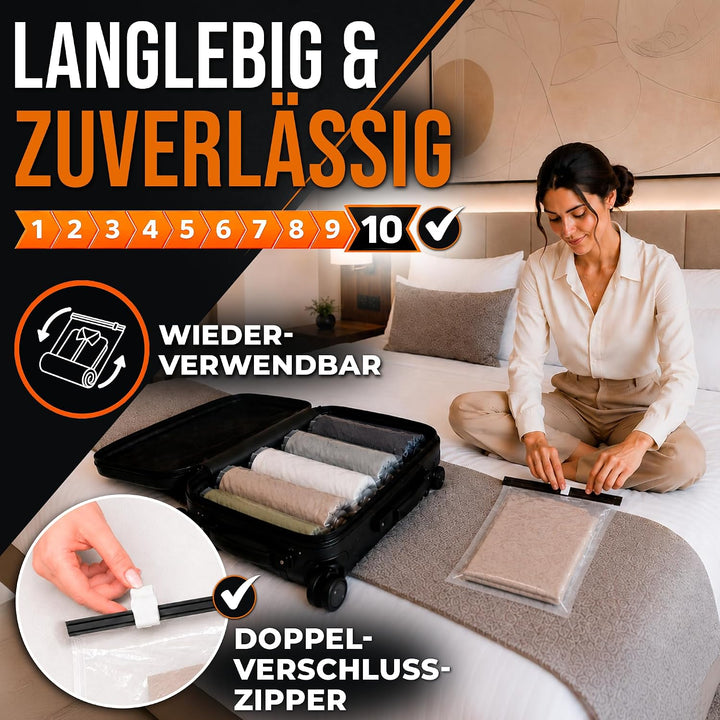 Vakuumbeutel Reise zum Rollen I 10 STÜCK: 3x 70x50cm/ 3x 60x40cm/ 4x 50x35cm I Vakuumbeutel für Klei