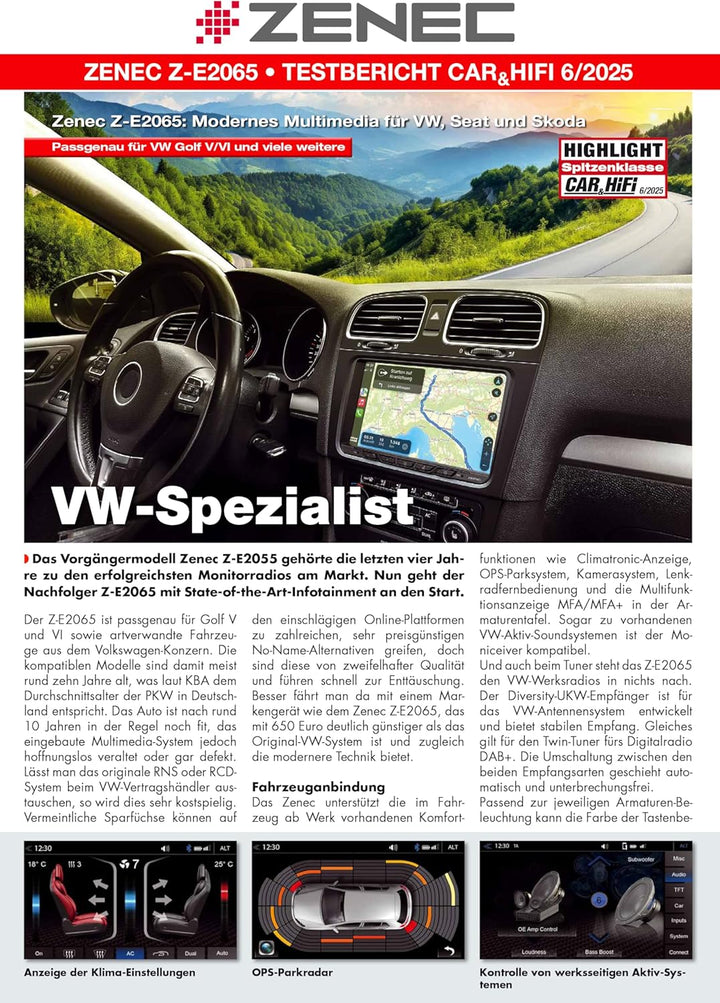 ZENEC Z-E2065 – Media Receiver/Autoradio kompatibel mit VW, Seat, Skoda, 9“ / 22,9 cm Touchscreen, M
