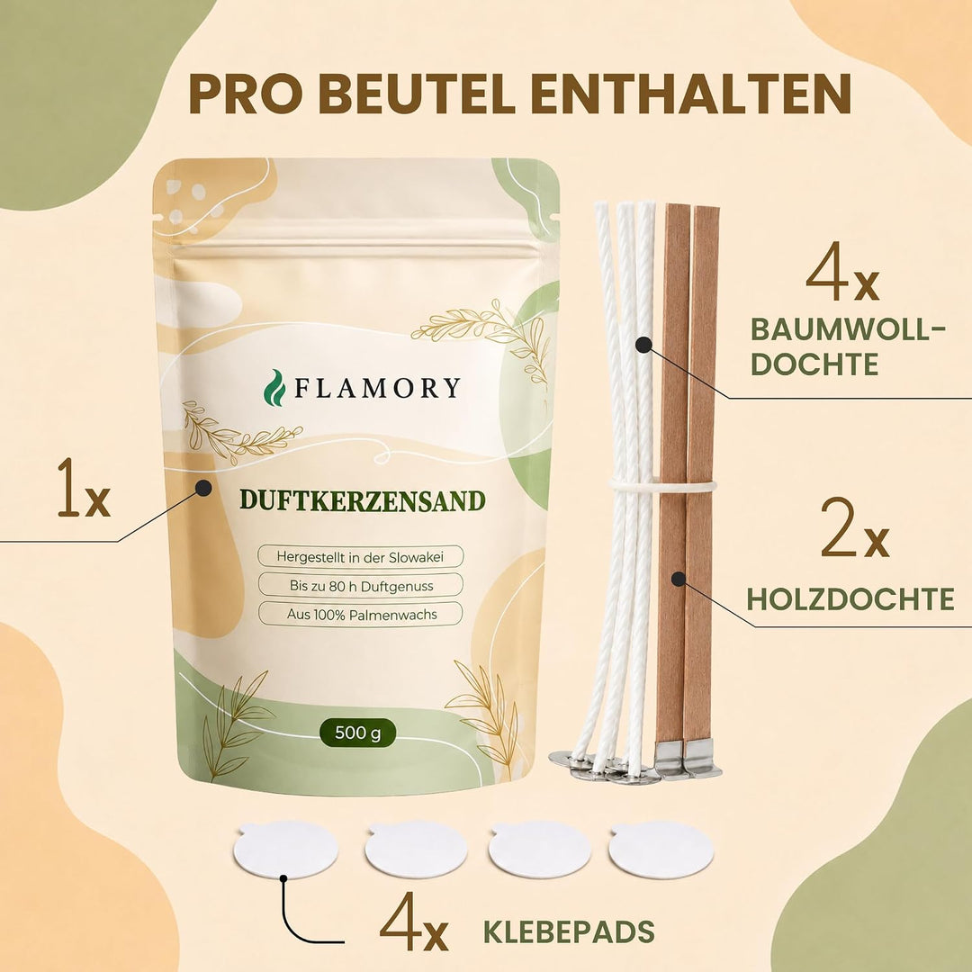 Duftkerzensand 500 g – Sauberer Kerzensand inkl. 5 Dochte – Einfache Anwendung – Bis zu 80 Std. Bren