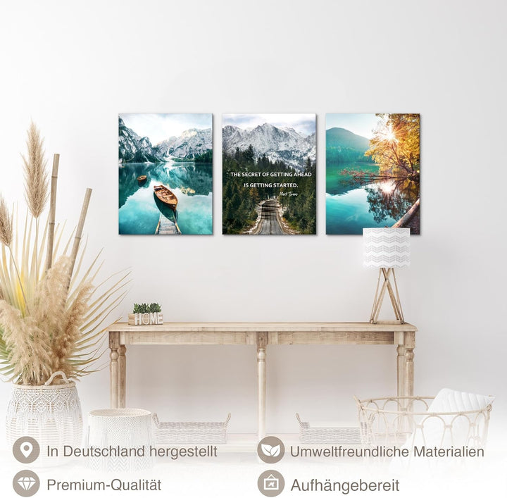 Novart Wandbilder Set Natur Berge - KOMPLETT AUFHÄNGFERTIG - Wohnzimmer Schlafzimmer Flur Deko - 3 M