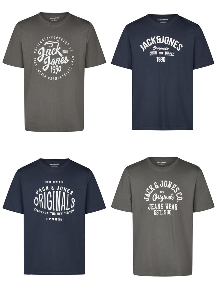 JACK & JONES JJLINO T-Shirt 4er Pack Rundhals Kurzarm Shirt Regular Fit Print Sommer 100% Baumwolle