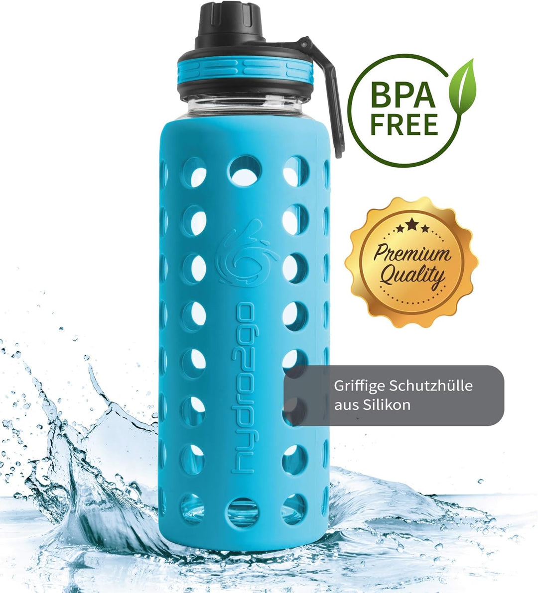 hydro2go® Trinkflasche aus Glas mit Silikonhülle 950 ml - spülmaschinenfest | 2 auswechselbare Decke