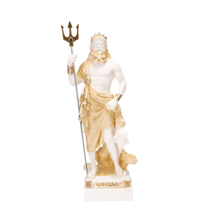 Poseidon Griechischer Gott des Meeres mit Dreizack Statue Figur Gold Alabaster 25,4 cm