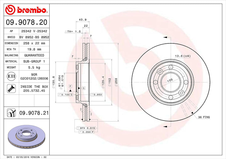 Brembo 09.9078.20 Vordere Bremsscheibe, Anzahl 2