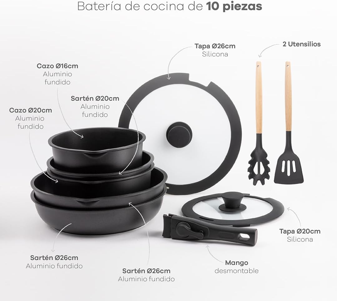 BERGNER CLICK&COOK - Set 10 PZS Schwarzes Easy Click Kochgeschirr - Pfannen und Töpfe mit schwarzer